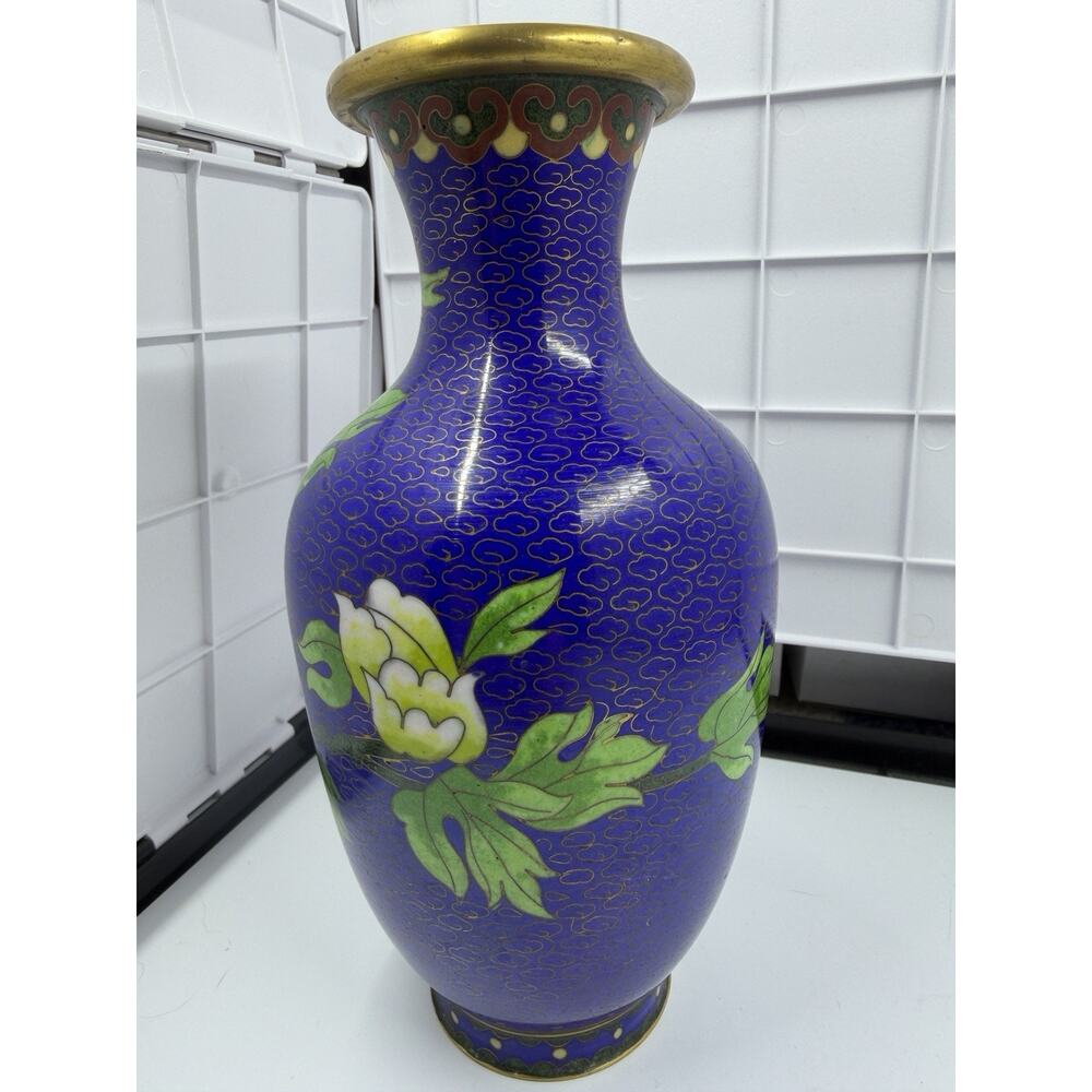 Vintage Chinese Cloisonné Vase: Blue With & Pink Peony, Enamel & Bronze 7.5”